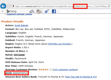 ASIN in Amazon URL and product details