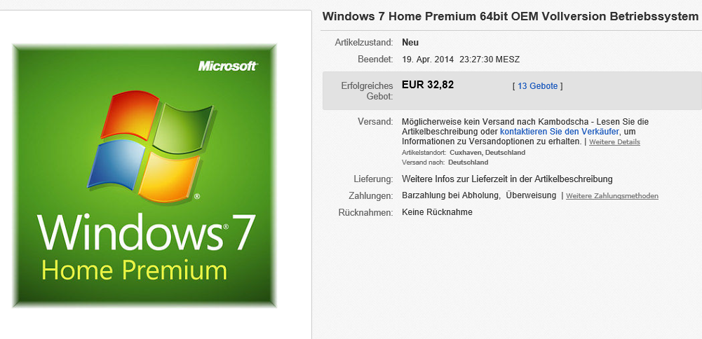 Windows 7 Home Premium von eBay
