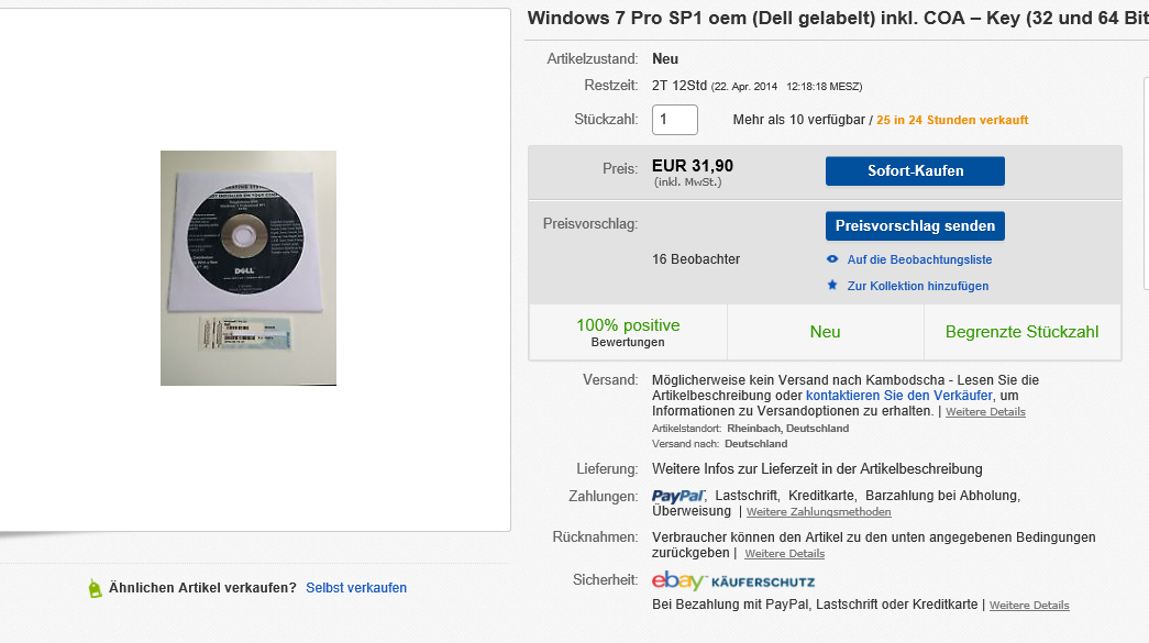 Windows 7 Professional von eBay