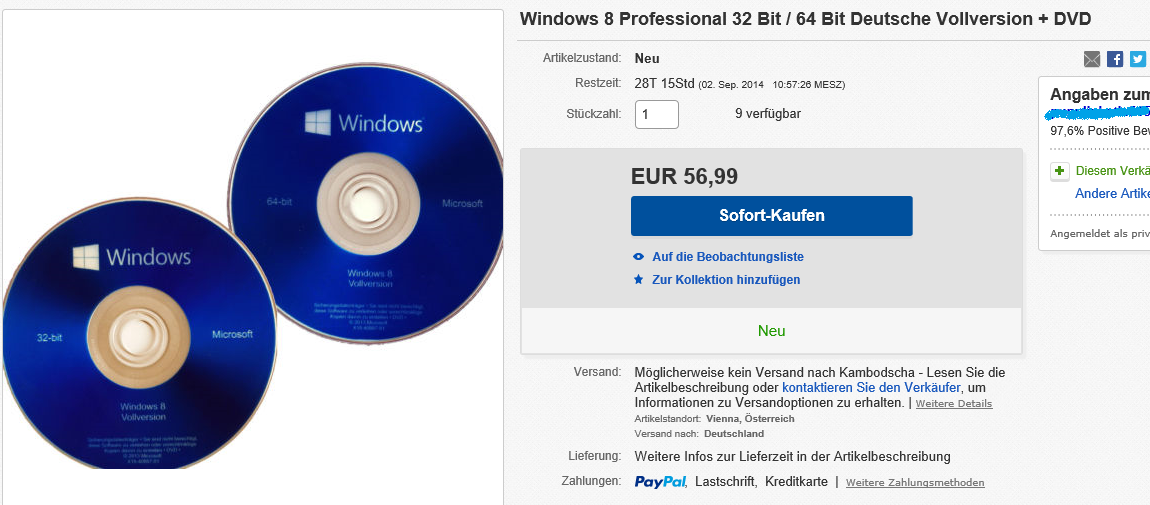 Windows 8 OEM-Key von eBay