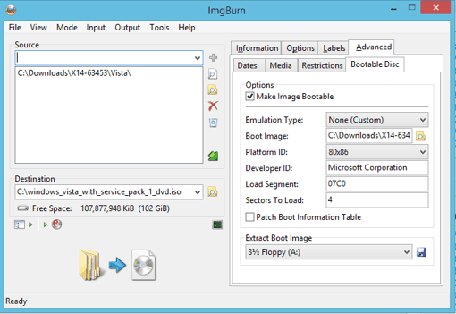 ImgBurn settings for Windows Vista iso image